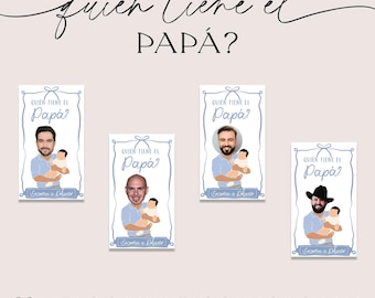 Baby Shower en blanco y azul empolvado: ¿Quién tiene el papá?, plantilla de juego editable, plantilla digital, ¿Quién tiene el papá del bebé?, futuro papá, Canva