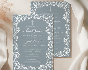 Invitación de bautizo inspirada en la Talavera mexicana blanca y azul empolvado en inglés y español, plantilla editable, invitación digital minimalista y elegante, DBB001