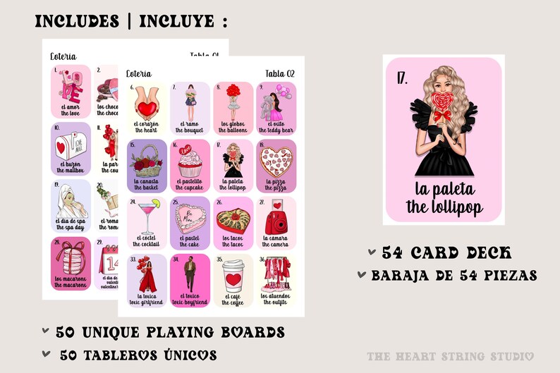 Boho Minimalist Valentine's Loteria, Mexican Loteria, Galentine's, San Valentin, Girls Night, Bilingual, 50 Players, Canva, VL001 imagem 7