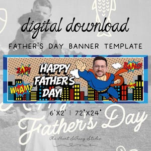 Może przedstawiać: Cyfrowy szablon banera na Dzień Ojca do pobrania. Baner przedstawia ilustrację superbohatera z napisem "Happy Father's Day!" i efektami dźwiękowymi z komiksu. Baner ma wymiary 183 cm x 61 cm.