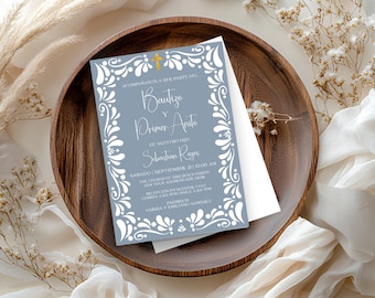 Gold Dusty Blue Boy Baptism Talavera Invitation, Invitacion de Bautizo Para Niño, Christening and Birthday, Mi Bautizo, En Español, Canva