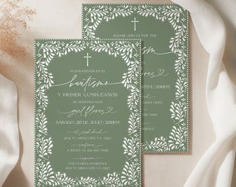 English & Spanish Sage Green Mexican White Talavera Inspired Baptism Invitation, Editable Template, Minimal Elegant Digital Invite, Canva