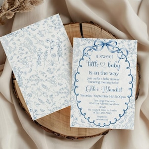 Blaue Toile De Jouy-Babypartyeinladung, bearbeitbare Vintage Blumendusche, französische blaue Toile einladen, blaue Chinoiserie, Canva