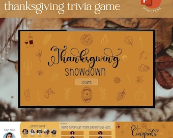 Può includere: Un gioco di trivia digitale del Ringraziamento su uno schermo. Il gioco si intitola "Thanksgiving Showdown" con un pulsante di avvio. Lo sfondo è arancione con illustrazioni a tema Ringraziamento. Completamente modificabile in PowerPoint.