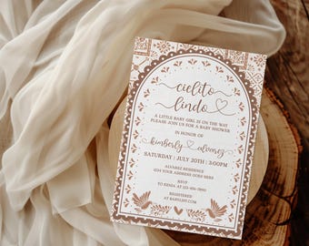 White & Barro Cielito Lindo Baby Shower Invitation Card, Editable Template, Elegant Digital Invite, Hermoso Cariño, Papel Picado, Canva
