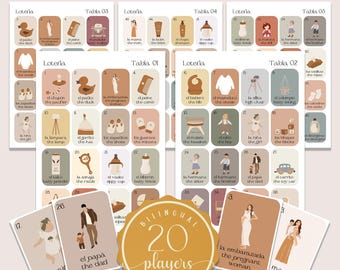 Boho Minimalist Baby Shower Loteria Game, Mexican Loteria, Neutral Baby Shower Loteria, Gender Reveal, Bilingual, 20 Players, Canva, BSL01