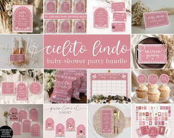 May include: A collection of pink baby shower party supplies, including signs, labels, invitations, and games. The text "Cielito Lindo" is featured prominently, along with other Spanish phrases. The items have a consistent design with floral and bird motifs.