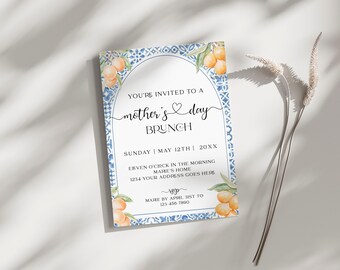 Blue Tile and Lemon Mediterranean Mother's Day Brunch Invitation, Editable Template, Mother's Day Brunch Invite Instant Download, Canva