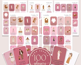 Blush Pink Boho Minimalist Baby Shower Loteria Game, Mexican Loteria, Pink Baby Shower Loteria, Bilingual, 100 Players, Canva, PBL001