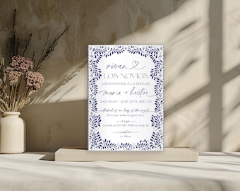 Invitación de boda inspirada en Talavera mexicana azul y blanca, elegante boda en Talavera, invitación editable, invitación preboda, Canva, BWBS01