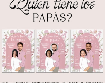 May include: Three rectangular game cards featuring a pink archway with floral illustrations. Each card displays a cartoon couple with photo-inserted faces and the Spanish text ¿Quién tiene los papás?, Encuentra a Marissa y Diego, and y aquí para ganar.
