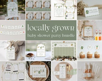 Locally Grown Baby Shower 22 Items INCLUDED Bundle, Boho Farmer&#39;s Market Baby Sprinkle, Editable Templates, Home Grown Neutral, Canva, LG001