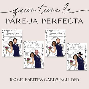 Pode incluir: Um conjunto de quatro cartões com ilustrações de casais, cada um com uma celebridade diferente. Os cartões apresentam o texto "Ayuda a Maria A Encontrara a Su Pareja Perfecta" e "100 Celebrities Cards Included". Os cartões têm uma borda em preto e branco.