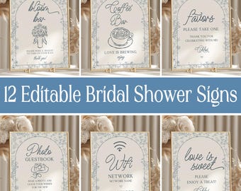 Something Blue Before I Do Bridal Shower Table Signs, Vintage Floral Shower French Blue Toile Dusty Blue Chinoiserie Canva SBB001
