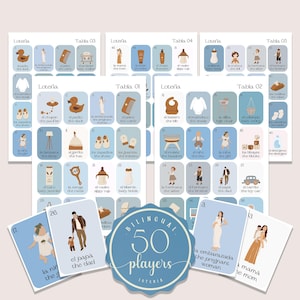 Dusty Blue Boho Minimalist Baby Shower Loteria Game, Mexican Loteria, Blue Baby Shower Loteria, Bilingual, 50 Players, Canva