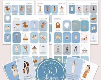Dusty Blue Boho Minimalist Baby Shower Loteria Game, Mexican Loteria, Blue Baby Shower Loteria, Bilingual, 50 Players, Canva