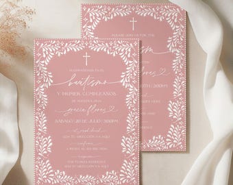 Invitación de bautizo inspirada en la Talavera mexicana, rosa y blanca, en inglés y español. Plantilla editable. Invitación digital minimalista y elegante. Canva.