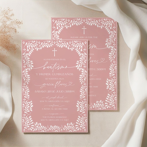 English & Spanish Pink Mexican White Talavera Inspired Baptism Invitation, Editable Template, Minimal Elegant Digital Invite, Canva