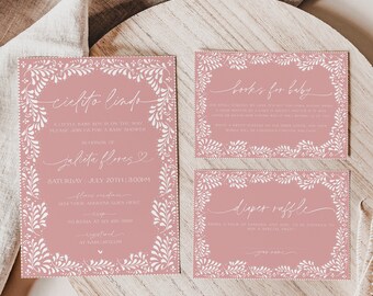 Pink Cielito Lindo Mexican White Talavera Inspired Baby Shower Invitation PLUS Insert Cards Bundle, Books for Baby, Diaper Raffle, CLPT001