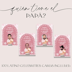 May include: A set of pink game cards featuring illustrations of men holding babies. The cards display the text "Ayuda a Kimberly a encontrar al papa" and "100 LATINO CELEBRITIES CARDS INCLUDED". The top of the image has the text "quien tiene el PAPÁ?"