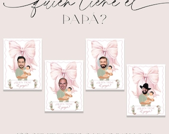 Lazo Rosa Boho Floral Quien Tiene El Papá, Baby Shower Who Has The Baby Daddy, Plantilla de Juego Editable, Elegante Digital, Canva, PBF001