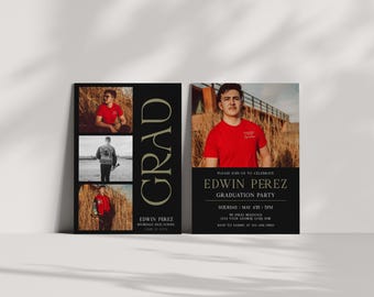 Invitación de graduación masculina, Ceremonia de graduación de último año (Evita), Anuncio de graduación, Plantilla editable de invitación a fiesta de graduación (Canva)