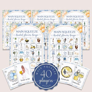 May include: A set of bridal shower bingo cards with a blue and white tile design. The cards feature illustrations of various items and the text "MAIN SQUEEZE bridal shower bingo". Included are bingo cards and calling cards for 40 players.