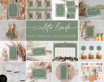 Sage Green Cielito Lindo Mexican White Talavera Inspired Baby Shower 14 Items INCLUDED Bundle, Editable Templates, Minimal Elegant, SCL001