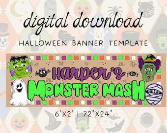 Monster Mash Halloween Doodle Banner, Halloween Party, Spooky Decor, Printable Template (Digital Download), Editable on Canva