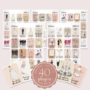 May include: A collection of illustrated Loteria cards for a bridal shower, featuring wedding-themed images and Spanish text. The cards include images of a bride, groom, church, cake, and other wedding-related elements. A circular emblem reads "Bridal Shower 40 players Loteria."