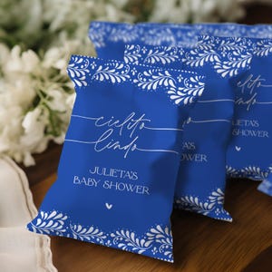 Royal Blue Cielito Lindo Mexican White Talavera Inspired Baby Shower Chip Bag, Edytowalny szablon, Etykieta na butelkę urodzinową, Canva