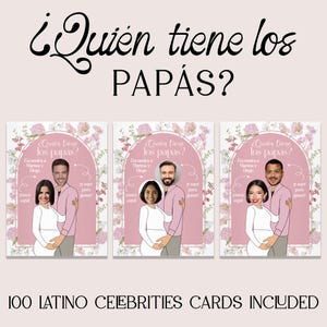 Könnte beinhalten: Drei rosa Karten mit Illustrationen von Paaren, floralen Bögen und dem Text "¿Quién tiene los PAPÁS?" in schwarzer Schrift. Die Karten enthalten den Text "100 LATINO CELEBRITIES CARDS INCLUDED".