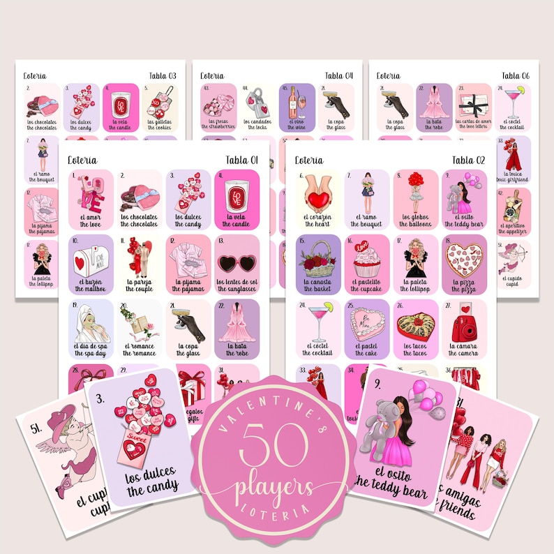 Boho Minimalist Valentine's Loteria, Mexican Loteria, Galentine's, San Valentin, Girls Night, Bilingual, 50 Players, Canva, VL001 imagem 1
