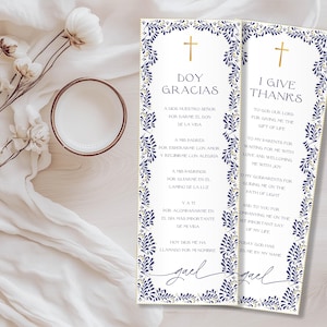 English & Spanish Gold and Blue Mexican White Talavera Inspired Baptism Prayer Card, Editable Template, Minimal Elegant Digital Cards