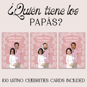 Puede incluir: Tarjetas rosas para juegos de baby shower con el texto "¿Quién tiene los PAPÁS?" e ilustraciones de parejas. Las tarjetas incluyen el texto "100 LATINO CELEBRITIES CARDS INCLUDED". Las tarjetas tienen un diseño de borde floral.