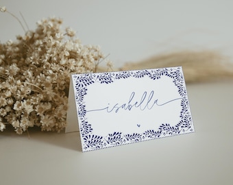 Cartes de visite pour mariage Talavera mexicain blanc et bleu, marque-places imprimables, marque-places Talavera floraux modifiables élégant minimaliste, toile, WBW001