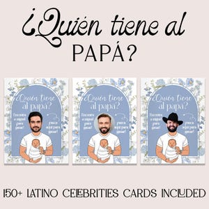 May include: Three rectangular game cards featuring the text ¿Quién tiene al papá? and Encontra a miguel para ganar! rasca aqui para ganar! Each card displays a cartoon man holding a baby, surrounded by a blue floral archway design.