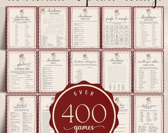 May include: A collection of printable Christmas game sheets featuring a red and white striped border and a Santa Claus icon. The set includes titles like Christmas Around the World, Word Search, Family Feud, and Jingle & Mingle. A large red circular badge in the center displays the text Over 400 games included.