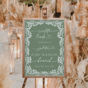 Cartello di benvenuto per baby shower ispirato al messicano Talavera bianco Cielito Lindo Sage Green, cartello per doccia modificabile, elegante digitale, Canva, SCL001