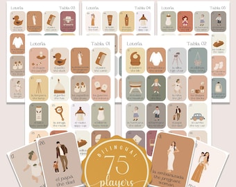 Boho Minimalist Baby Shower Loteria Game, Mexican Loteria, Neutral Baby Shower Loteria, Gender Reveal, Bilingual Loteria, 75 Players, BSL01
