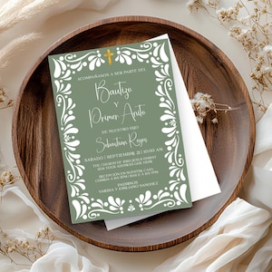Gouden salie groene doop talavera uitnodiging, Invitacion de Bautizo Para Niño, doop en verjaardag, Mi Bautizo, En Español, Canva