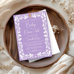 Gold Dusty Lilac Girl Baptism Talavera Invitation, Invitacion de Bautizo Para Niña, Christening and Birthday, Mi Bautizo, En Español, Canva