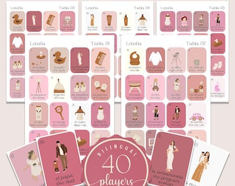 Blush Pink Boho Baby Shower Loteria Game: Bilingual, 40 Players (Printable)