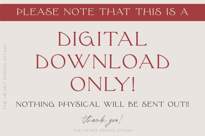 Pode incluir: Um aviso de download digital com o texto "PLEASE NOTE THAT THIS IS A DIGITAL DOWNLOAD ONLY! NOTHING PHYSICAL WILL BE SENT OUT!!" em vermelho sobre um fundo cinza claro. O texto "thank you!" tamb&eacute;m est&aacute; em vermelho na parte inferior da imagem.