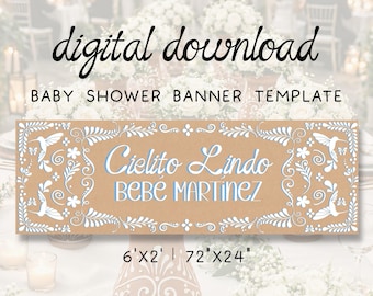 Blue Cielito Lindo Baby Shower Banner, Talavera, Papel Picado, Hermoso Cariño, Printable Template (Digital Download), Canva