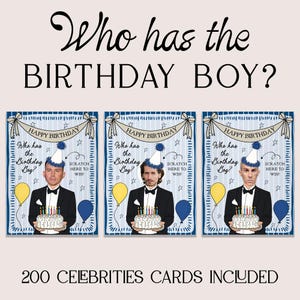 Puede incluir: Tres tarjetas de juego de cumpleaños rectangulares con el texto Who has the Birthday Boy? y Scratch here to win. Cada tarjeta muestra a una persona en esmoquin sosteniendo un pastel, con un gorro de fiesta, globos azules y amarillos.