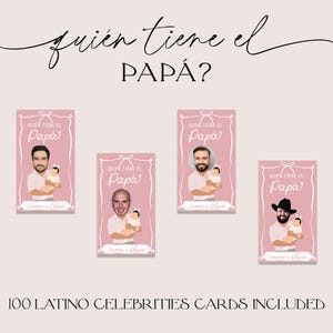 Puede incluir: Tarjetas rosas para un juego de baby shower con el texto "Quien tiene el Papá?" e ilustraciones de celebridades latinas con bebés. Las tarjetas rectangulares tienen un borde blanco y un lazo. El texto "100 LATINO CELEBRITIES CARDS INCLUDED" está en la parte inferior.