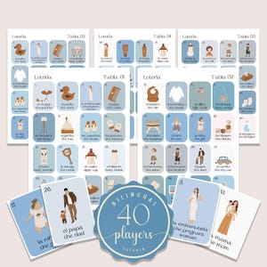 Dusty Blue Boho Minimalist Baby Shower Loteria Game, Mexican Loteria, Blue Baby Shower Loteria, Bilingual, 40 Players, Canva