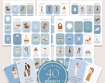 Dusty Blue Boho Minimalist Baby Shower Loteria Game, Mexican Loteria, Blue Baby Shower Loteria, Bilingual, 40 Players, Canva