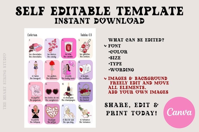 Boho Minimalist Valentine's Loteria, Mexican Loteria, Galentine's, San Valentin, Girls Night, Bilingual, 50 Players, Canva, VL001 imagem 4